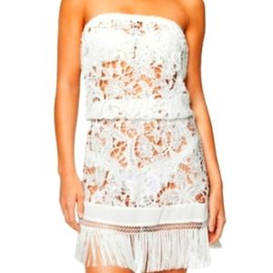 Ramy Brook White lace and fringe strapless cover up